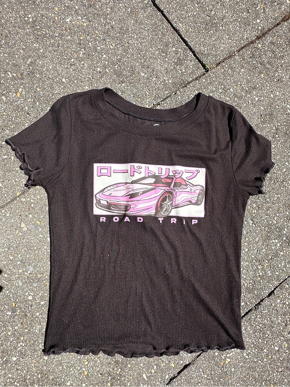 Y2K Social Culture Black Ribbed "Road Trip" JDM Car Baby Tee - Size S